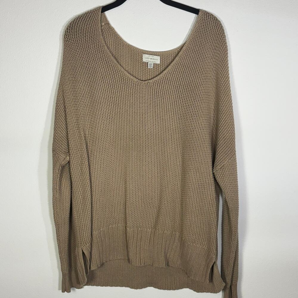 Lucky Brand Tan Cotton Knit Pullover Sweater Hi Low Side Slit Womens Medium